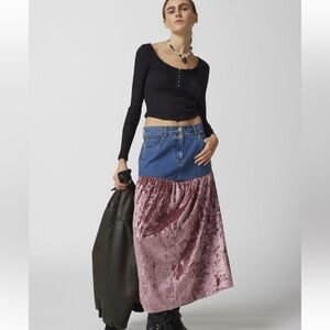 Urban Renewal Parties Remade Denim & Velvet Maxi Skirt
